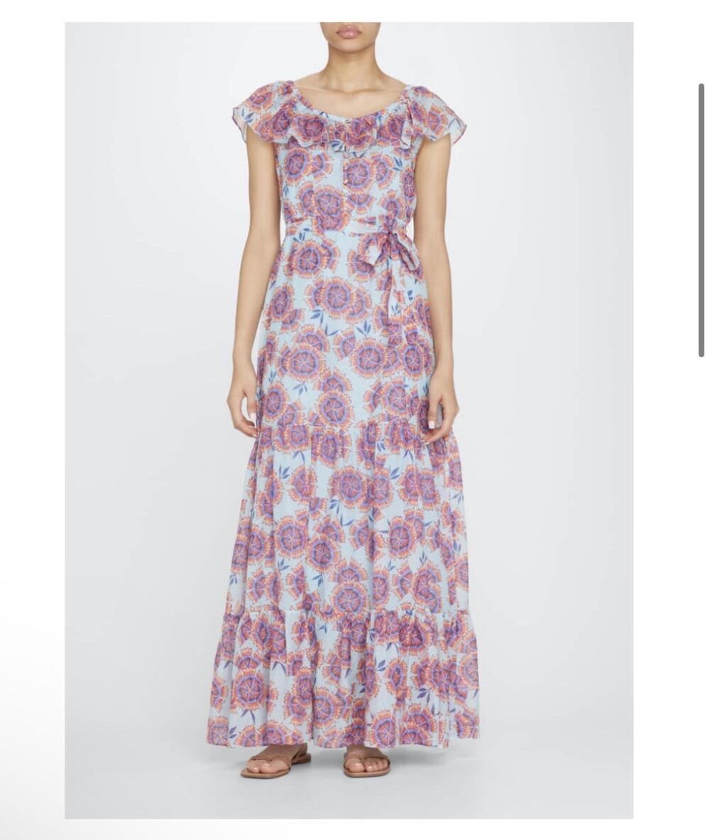 Saloni Cassie Maxi Dress Sz 8 Pink Blue Ruffle Cotton Silk Beachy Boho